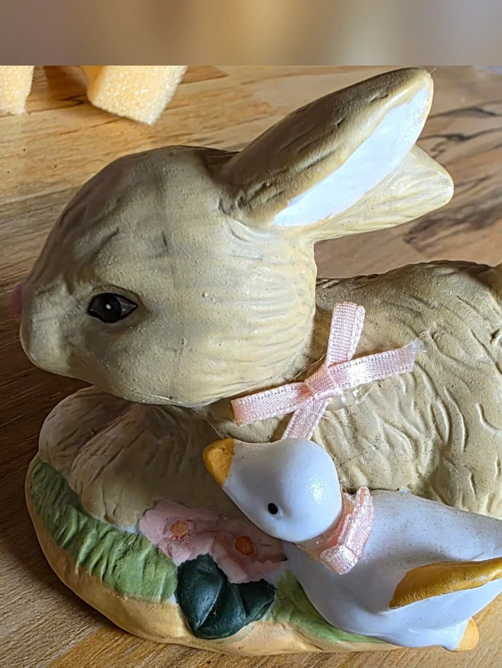 New Vintage Porcelain Rabbit with Duck Figurine - Hand Painted, Pink Accents
